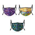 Cute Face Masks 3 / 5 Packs for Kids Child Adjustable Boys Girls Ages 3 to 9 Cotton Poly Washable Reusable 2 Layer Pocket Filter-Dino Party-3 Pack-