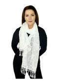 Casaba Womens Elegant Lace Scarves Scarf Shawl Formal Bridal Fringe Sheer Wrap-White-