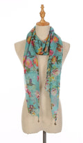 Casaba Womens Floral Birds Sheer Scarves Scarf Convertible Poncho Top Light Wrap-Blue-