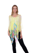 Casaba Womens Floral Sheer Poncho Top Kimono Cover Up-Chiffon Feel Light Wrap-Yellow-
