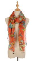 Casaba Womens Floral Birds Sheer Scarves Scarf Convertible Poncho Top Light Wrap-Orange-