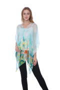 Casaba Womens Floral Sheer Poncho Top Kimono Cover Up-Chiffon Feel Light Wrap-Green-