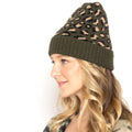 Empire Cove Winter Knit Ribbed Leopard Cuff Beanie-Olive-