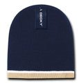 Decky Double Striped 3 Tone Beanies Knitted Ski Skull Winter Caps Hats-Navy/White/Khakhi-